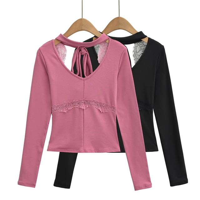 Cutout Tie-Back Lace Panel V-Neck Top