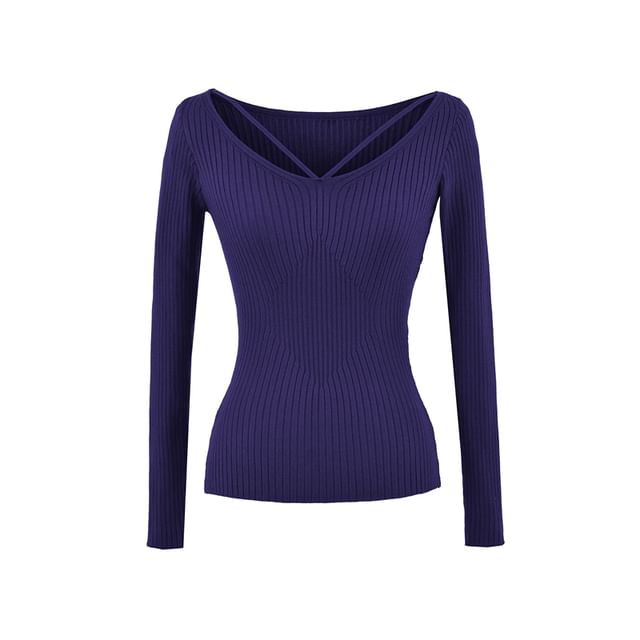 Ribbed Knit V-Neck Long-Sleeve Top