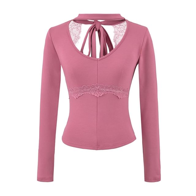 Cutout Tie-Back Lace Panel V-Neck Top