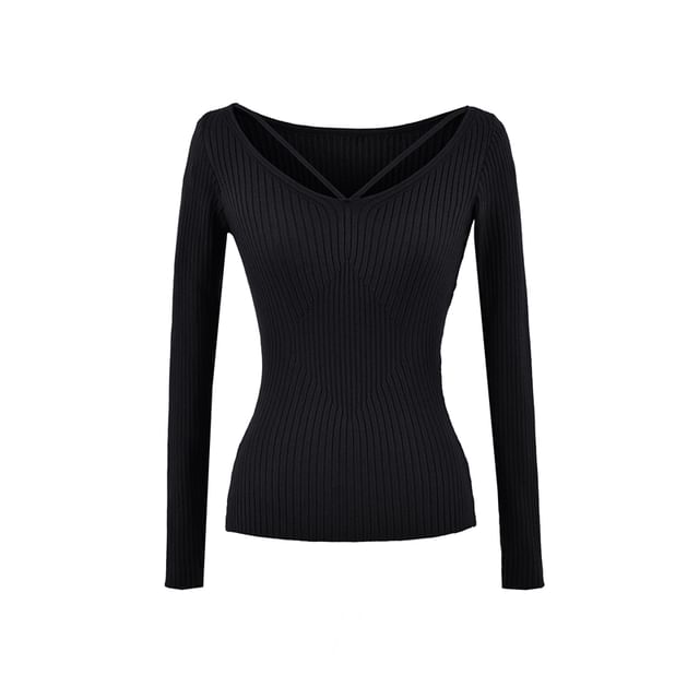 Ribbed Knit V-Neck Long-Sleeve Top