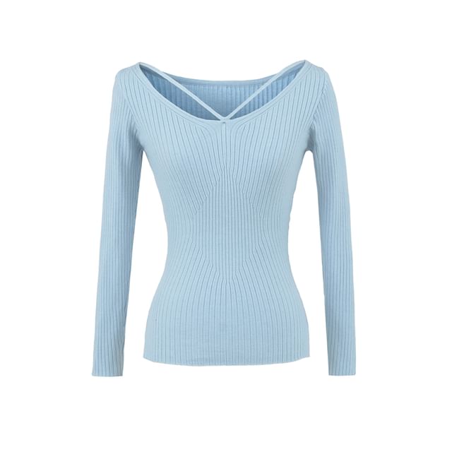 Ribbed Knit V-Neck Long-Sleeve Top