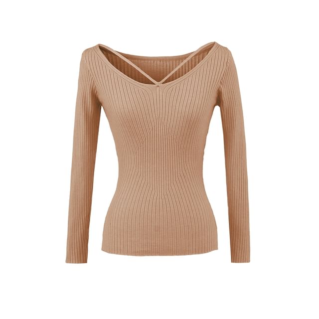 Ribbed Knit V-Neck Long-Sleeve Top