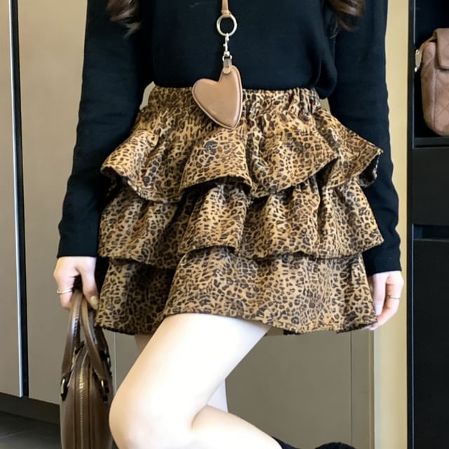 Crew Neck Knit Top with High-Waist Leopard Print Mini Tiered Skirt