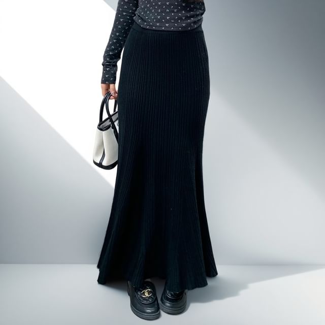 Ribbed Knit Maxi Mermaid Skirt High Waist