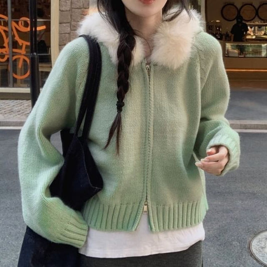 Faux Fur Hooded Zip-Up Crop Cardigan
