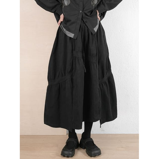 Pinstriped Ruched Maxi A-Line Skirt
