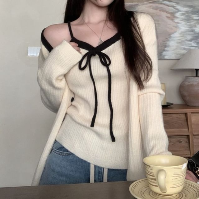 Scoop Neck Contrast Trim Ribbed Knit Camisole Top / Button Up Cardigan