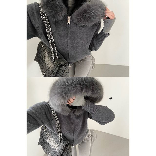 Faux Fur Zip-Up Plain Cardigan