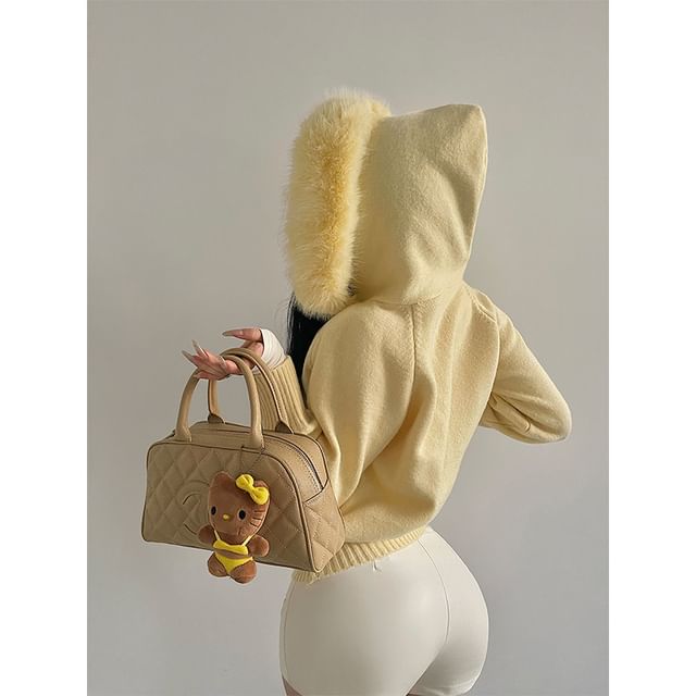 Faux Fur Zip-Up Plain Cardigan