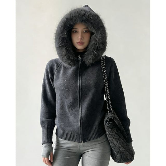 Faux Fur Zip-Up Plain Cardigan
