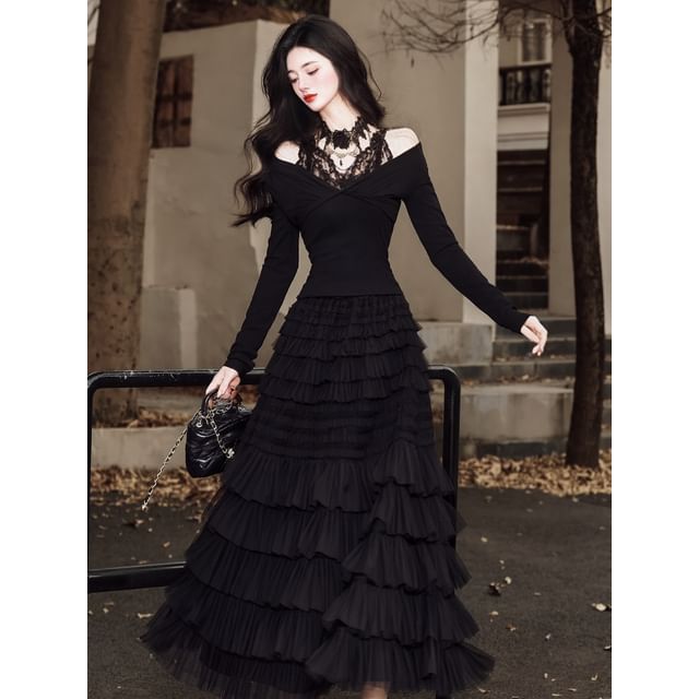 Cold Shoulder Lace T-Shirt with Layered Midi Skirt Set