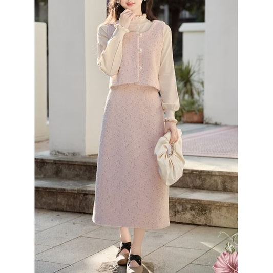Puff Sleeve Blouse with Pearl Buttons - Vest - Tweed Midi Skirt Set