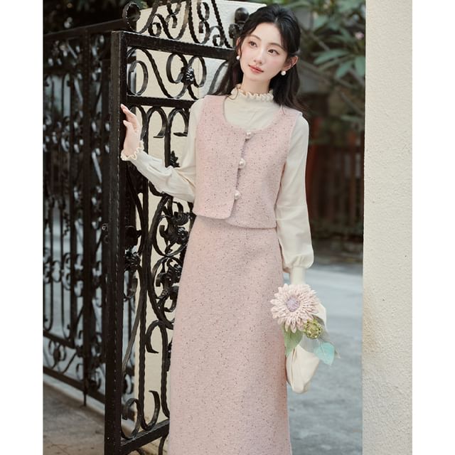 Puff Sleeve Blouse with Pearl Buttons - Vest - Tweed Midi Skirt Set
