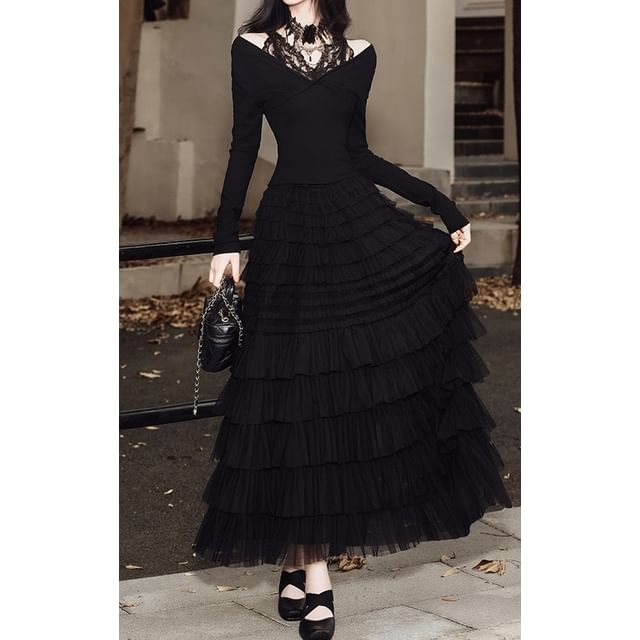 Cold Shoulder Lace T-Shirt with Layered Midi Skirt Set