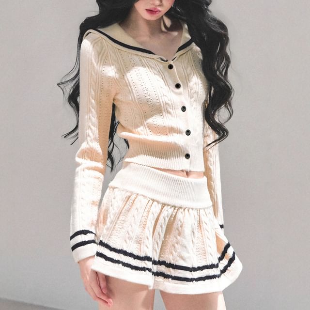 Set: Sailor Collar Crop Cardigan + Knit Mini Skirt