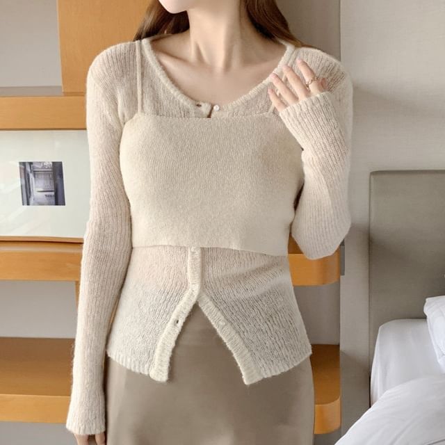 Set: Plain Knit Cropped Camisole Top + Cardigan