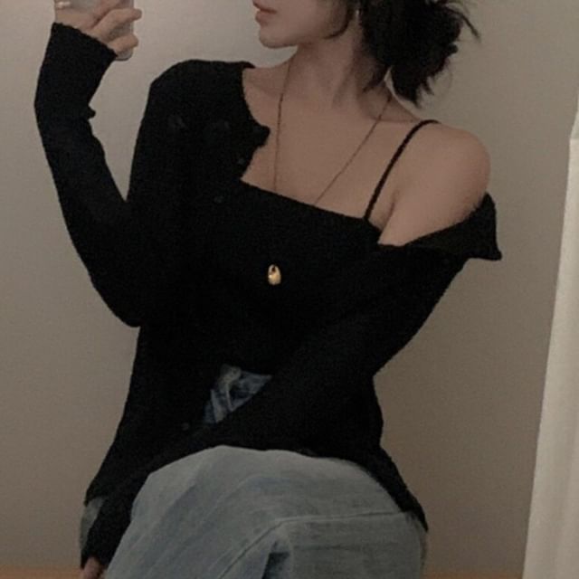 Set: Plain Knit Cropped Camisole Top + Cardigan