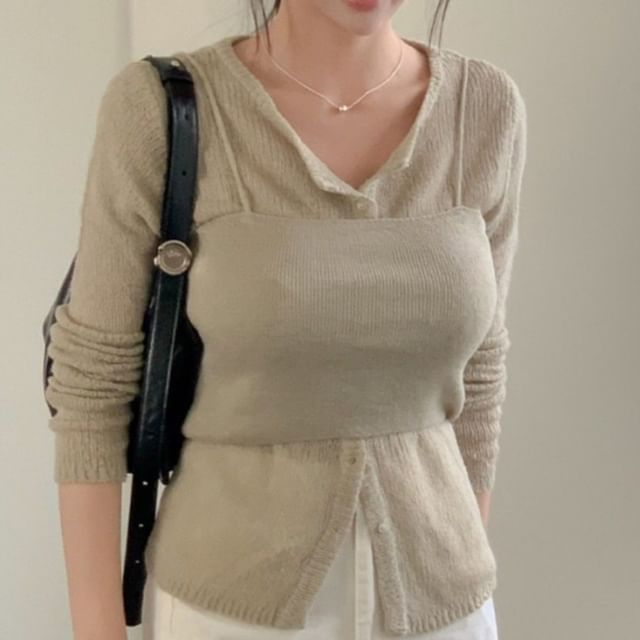 Set: Plain Knit Cropped Camisole Top + Cardigan