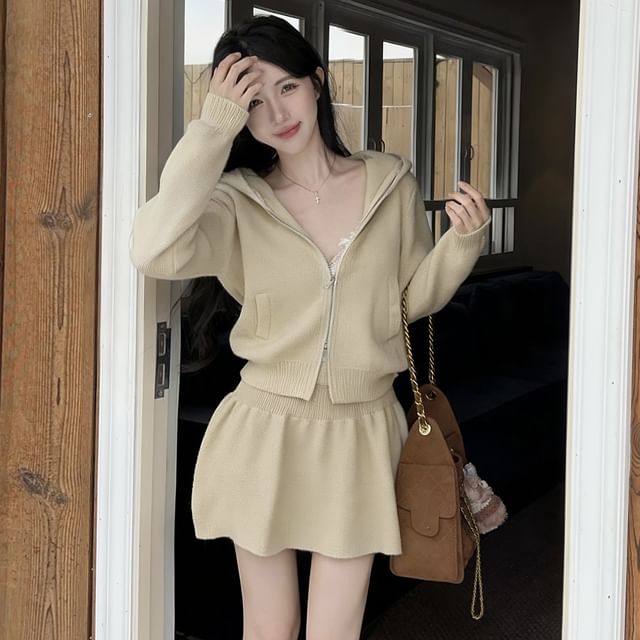 Set: Plain Knit Hooded Zip Cardigan + HIgh Waist Mini A-Line Knit Skirt