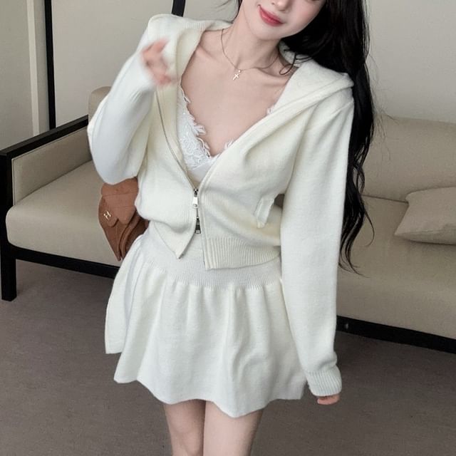Set: Plain Knit Hooded Zip Cardigan + HIgh Waist Mini A-Line Knit Skirt