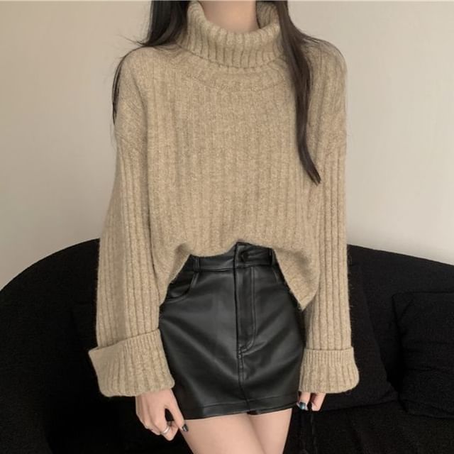 Ribbed Knit Turtleneck Pullover