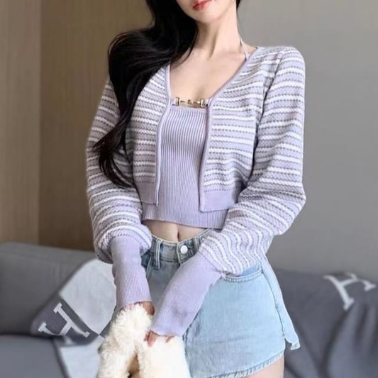 Set: Plain Ribbed Knit Cropped Halter Top + Striped Cardigan