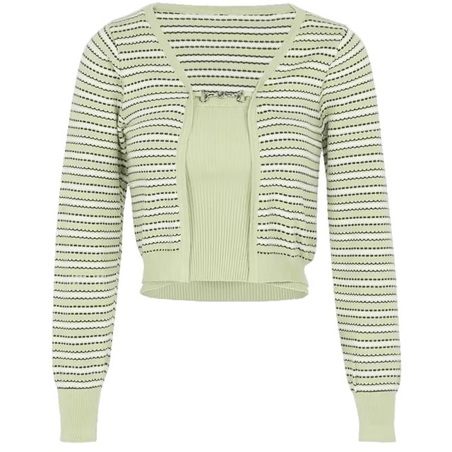 Set: Plain Ribbed Knit Cropped Halter Top + Striped Cardigan