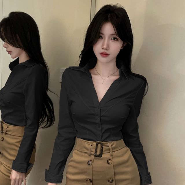 Long-Sleeve Plain Shirt with Belted Double-Breasted Mini Skirt
