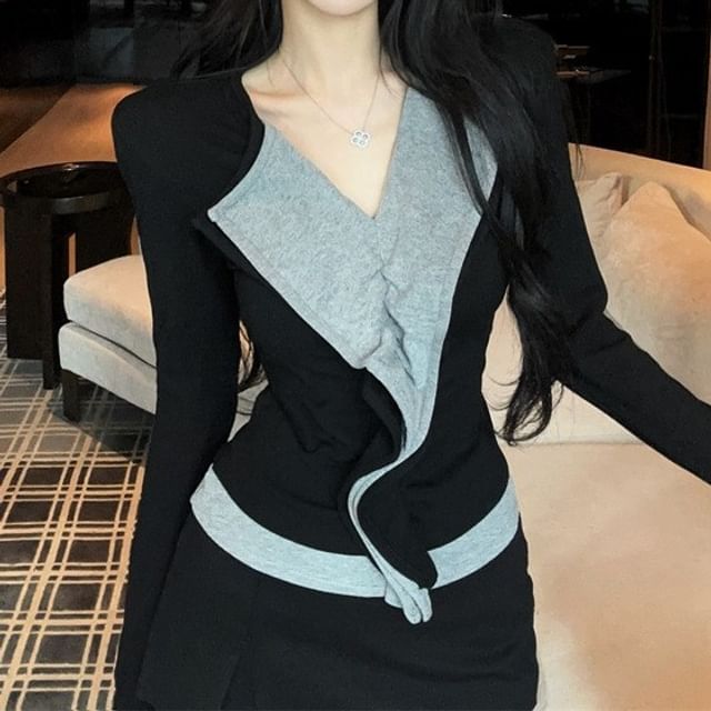 Ruffle Trim Two-Tone V-Neck Long-Sleeve Top