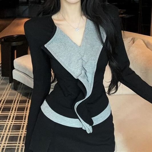 Ruffle Trim Two-Tone V-Neck Long-Sleeve Top