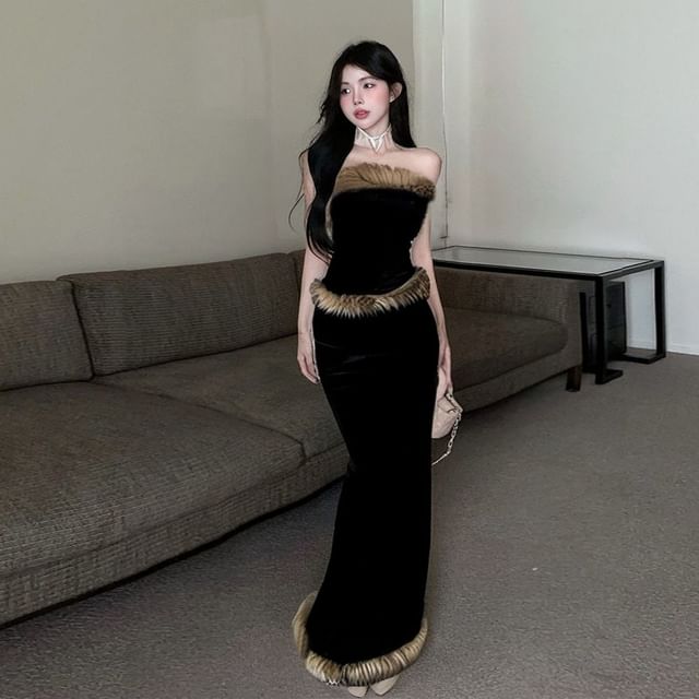 Strapless Fluffy Tube Top with High-Waist Pencil Skirt