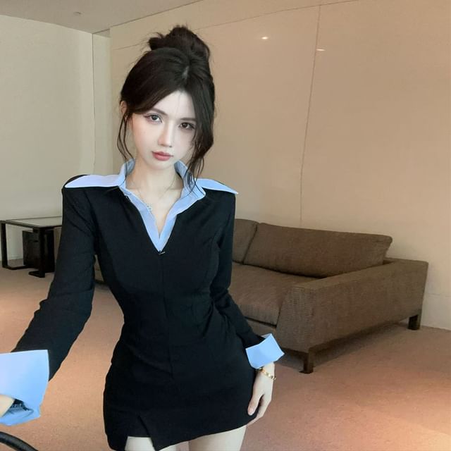 Two-Tone Collared Long-Sleeve Knit Polo