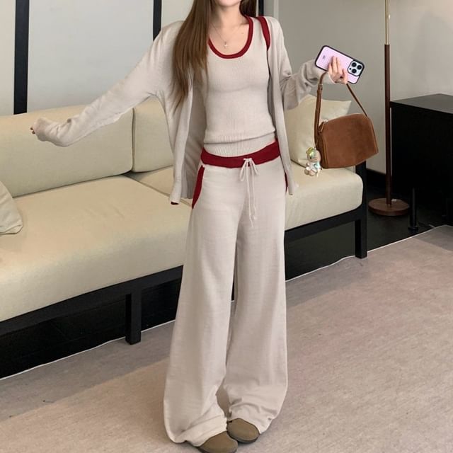 Contrast Trim Button-Up Cardigan / Scoop Neck Ribbed Tank Top / Drawstring Waist Wide Leg Pants / Set