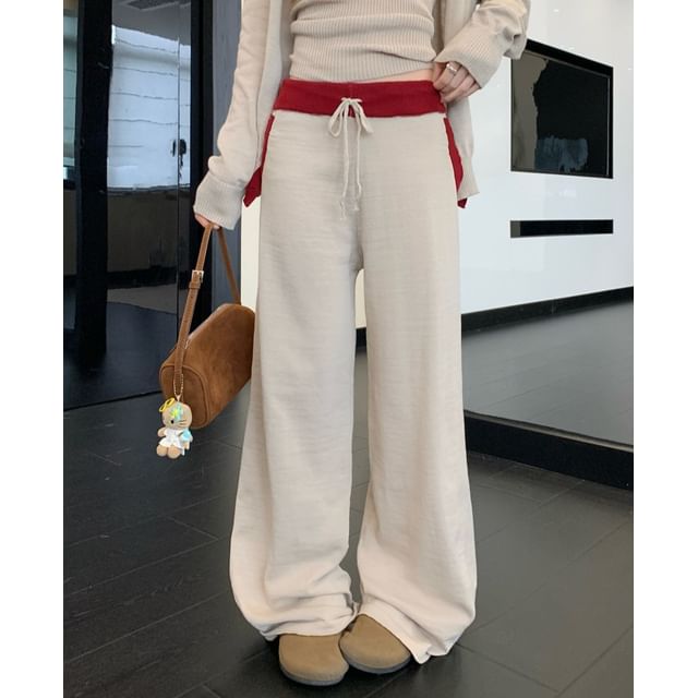 Contrast Trim Button-Up Cardigan / Scoop Neck Ribbed Tank Top / Drawstring Waist Wide Leg Pants / Set