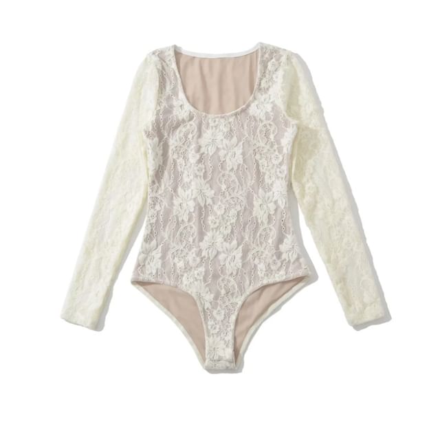 Lace Trim Scoop Neck Long-Sleeve Bodysuit