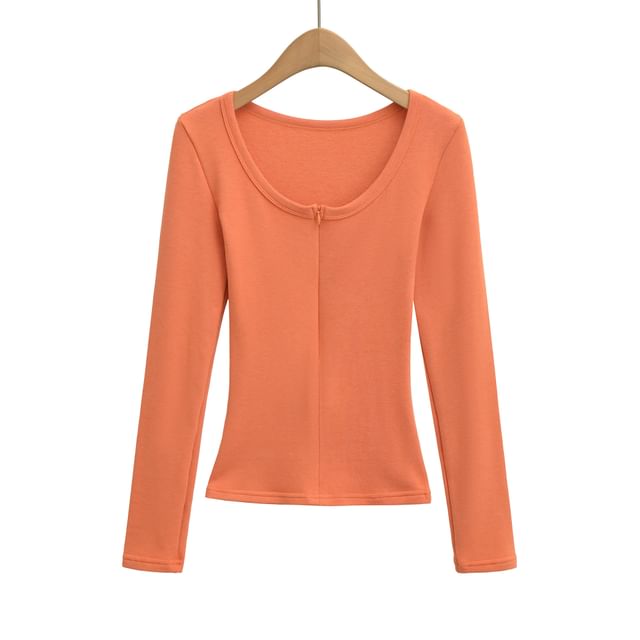 Zipper Front Scoop Neck Long-Sleeve Tee