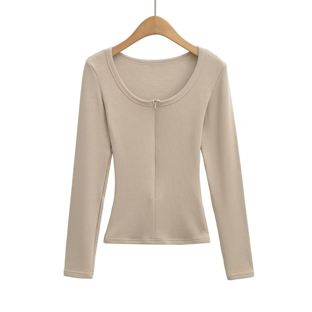 Zipper Front Scoop Neck Long-Sleeve Tee