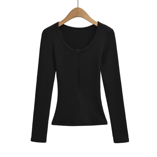 Zipper Front Scoop Neck Long-Sleeve Tee