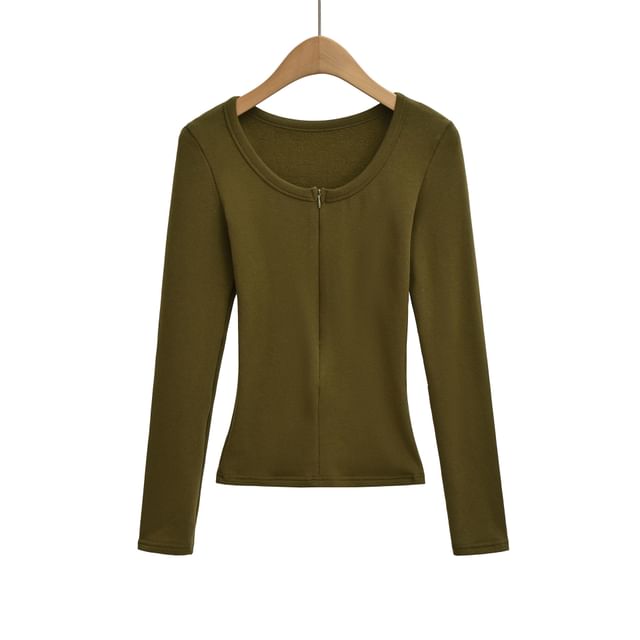 Zipper Front Scoop Neck Long-Sleeve Tee