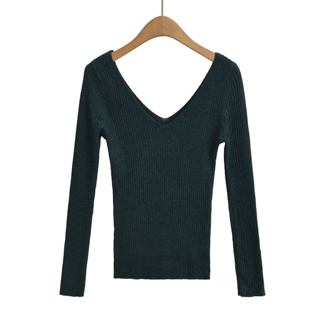 V-Neck Ribbed Knit Long-Sleeve Top