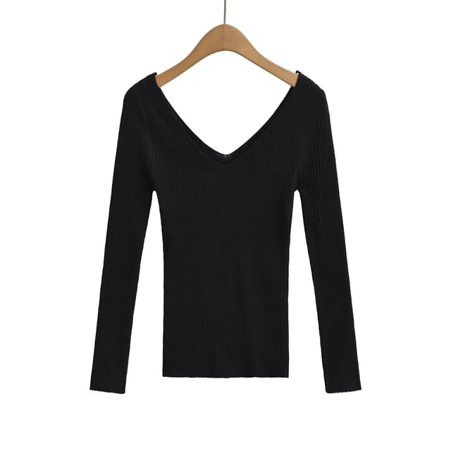 V-Neck Ribbed Knit Long-Sleeve Top