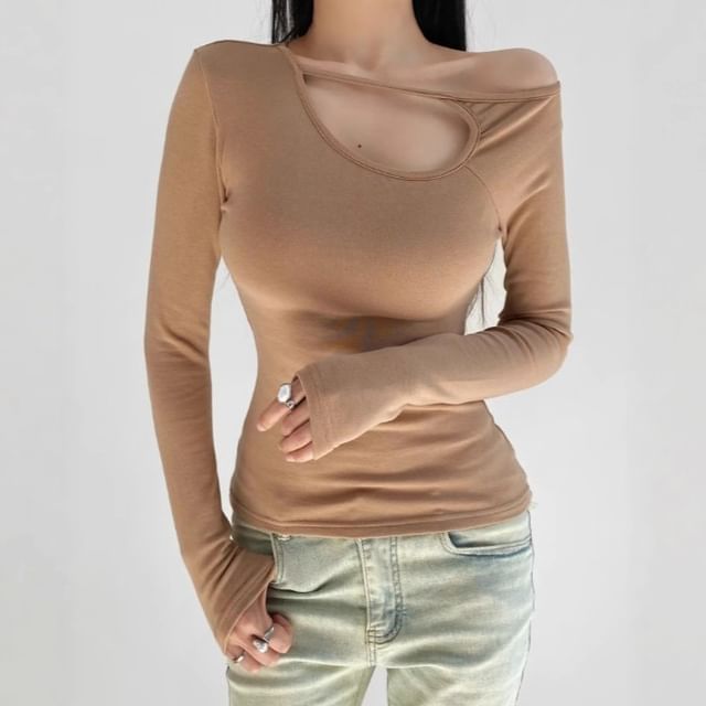 Off-Shoulder Cutout Long-Sleeve Solid Tee