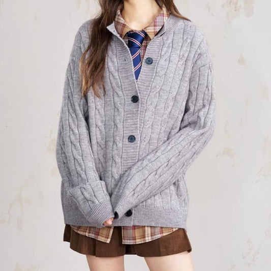Crew Neck Button-Up Plain Cable Knit Cardigan