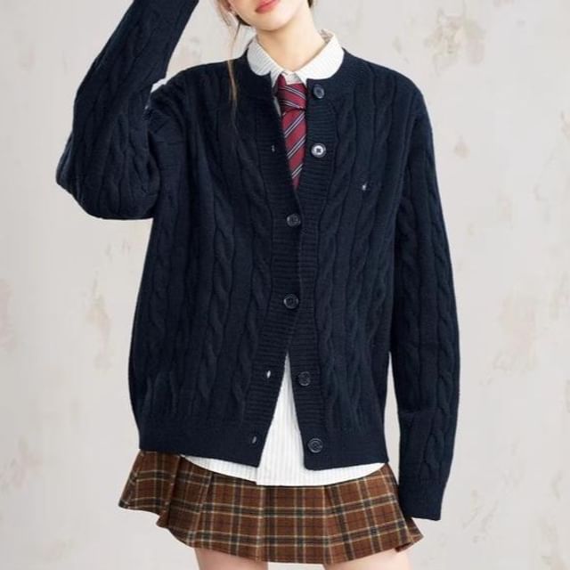 Crew Neck Button-Up Plain Cable Knit Cardigan