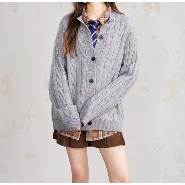 Crew Neck Button-Up Plain Cable Knit Cardigan
