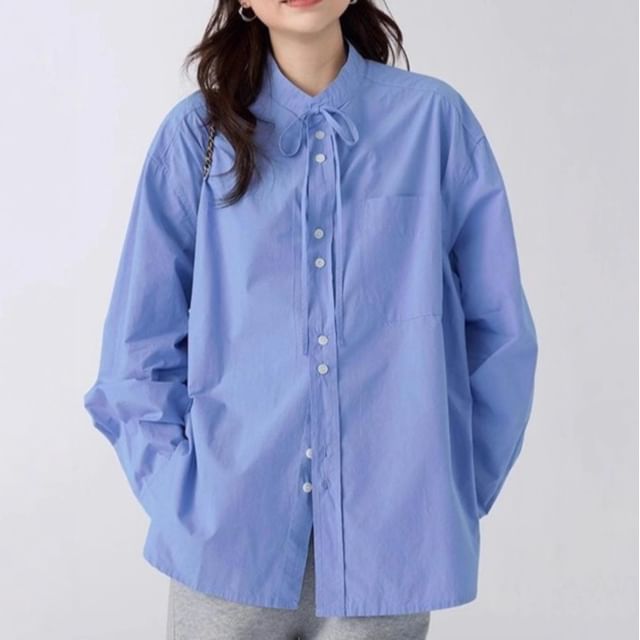 Stand Collar Button-Front Long-Sleeve Blouse