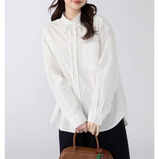 Stand Collar Button-Front Long-Sleeve Blouse