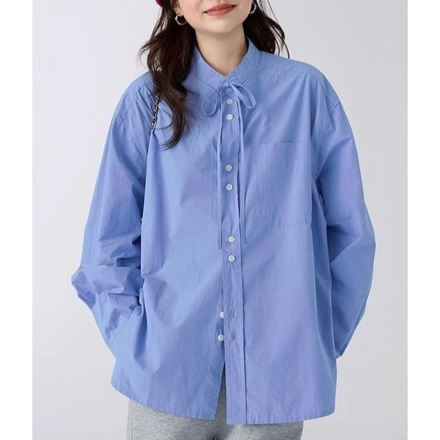 Stand Collar Button-Front Long-Sleeve Blouse