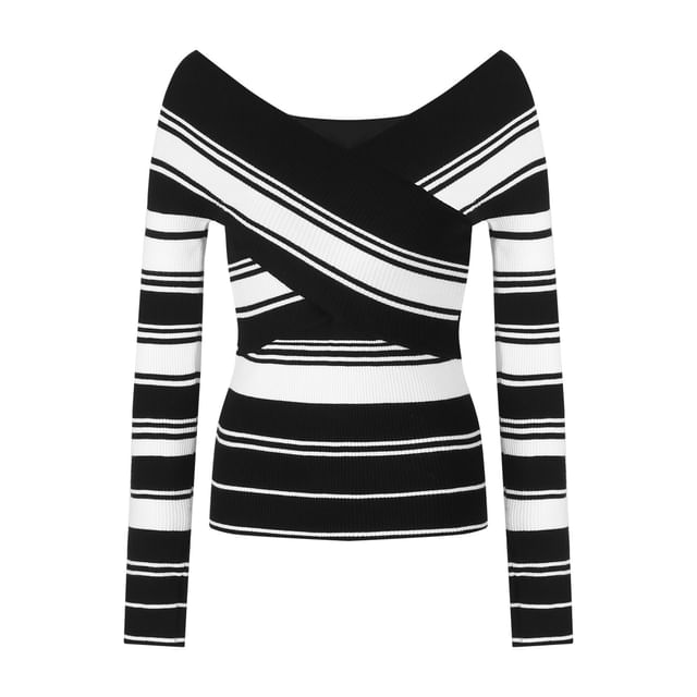 V-Neck Cold-Shoulder Striped Knit Long-Sleeve Top