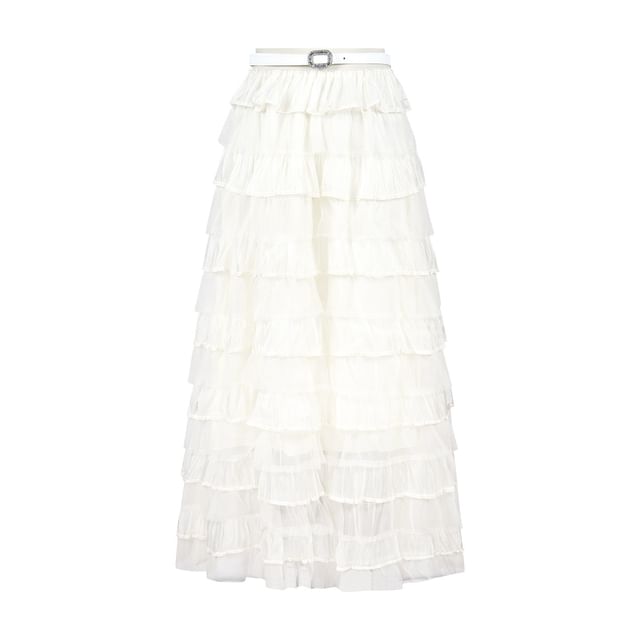 Belted Long-Sleeve Knit Top with High-Waist Mesh Skirt Set